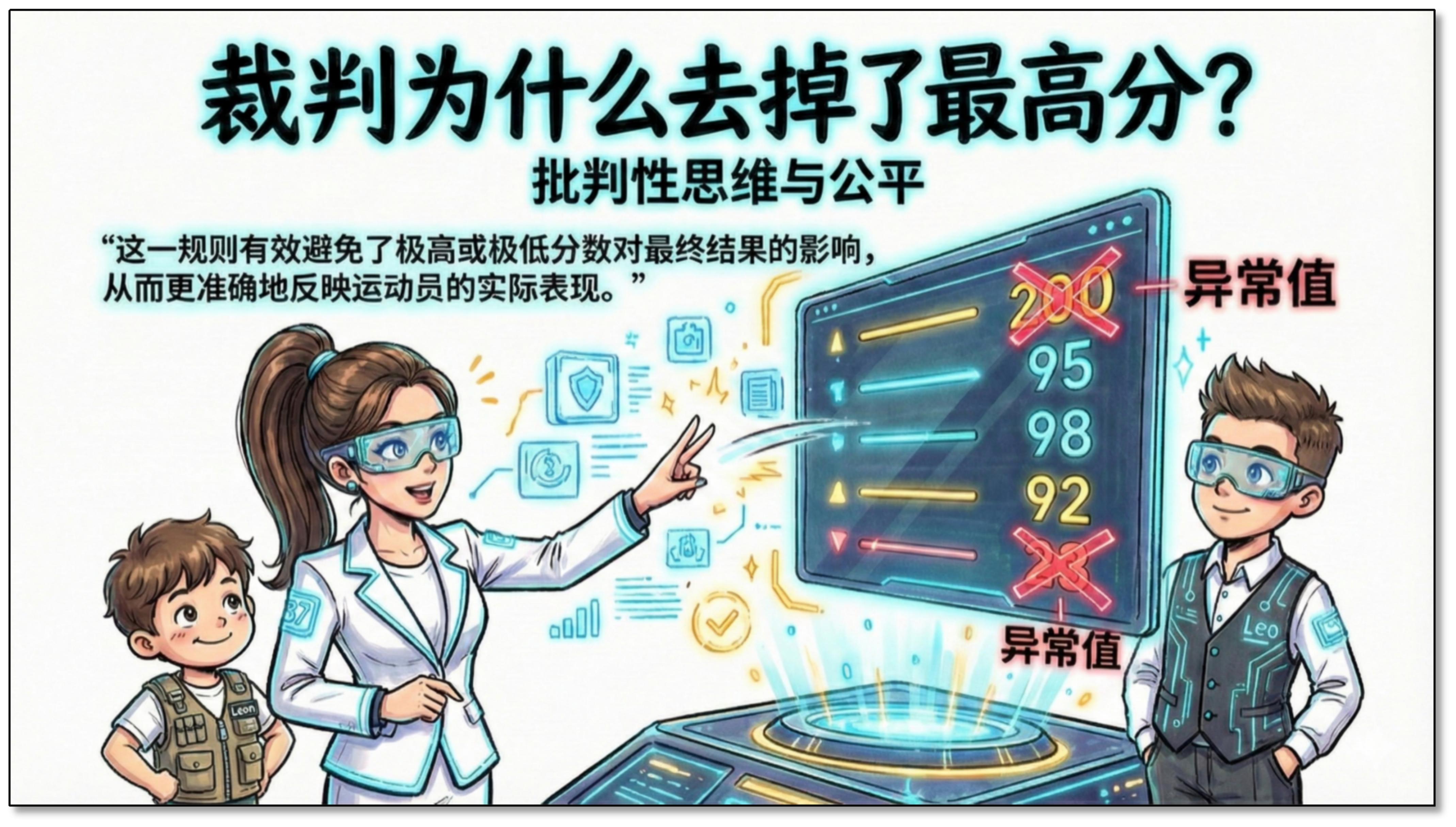 裁判为什么去掉了最高分？——批判性思维与公平：这一规则有效避免了极高或极低分数对最终结果的影响，从而更准确地反映运动员的实际表现